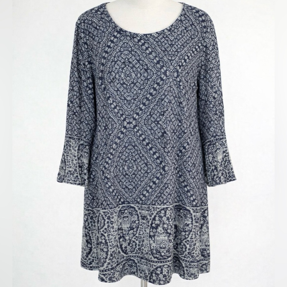 Lucky Brand Women’s Tunic Top 1X Navy Blue Boho Paisley Floral Print 3/4 Sleeve